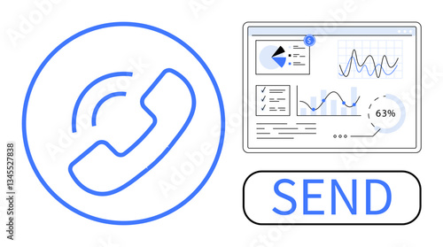 Phone call icon, analytics dashboard with charts, graphs, and Send button. Ideal for communication, analytics, technology, messaging, marketing business operations flat simple metaphor
