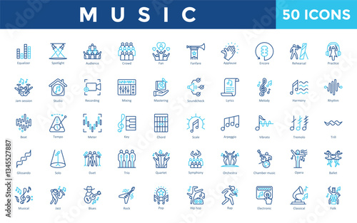Music icon set with equalizer, spotlight, audience, crowd, fan, fanfare, applause, encore, rehearsal, practice icon. Simple outline color vector 
