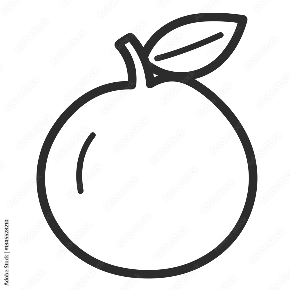A simple line drawing of an orange with a leaf.