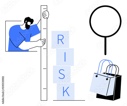 Businessman holding a ruler, measuring the height of stacked RISK blocks, magnifying glass, and shopping bags. Ideal for business risk analysis, strategy, investment, decision-making, retail
