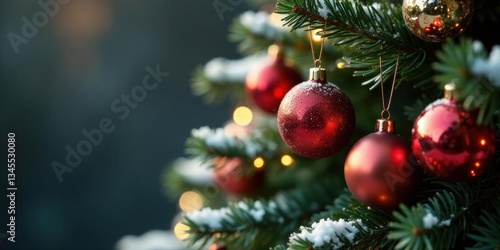 Wallpaper Mural A Festive Evergreen Tree Adorned with Sparkling Red and Gold Ornaments, Dusted with a Light Layer of Snow, Illuminated by Warm Golden Lights, Evokes the Spirit of the Season Torontodigital.ca