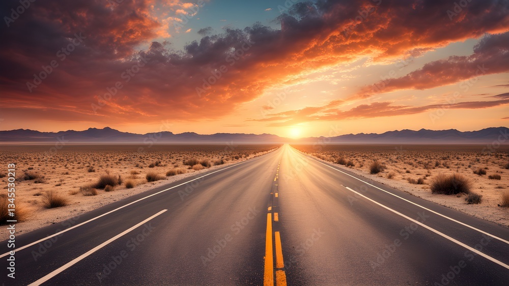 Naklejka premium Asphalt road disappearing into a vibrant sunset over a desert landscape.