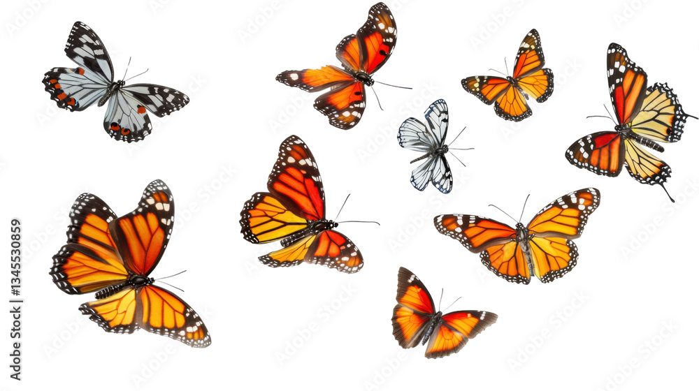 Monarch and plain tiger butterflies flying on transparent background Monarch and plain tiger butterflies flying on transparent background