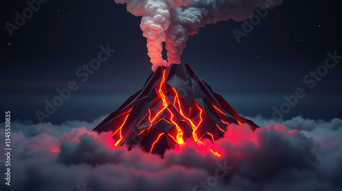 Moody, dreamy origami volcano eruption at night. Soft light, low contrast.  Infographic style, folded paper look.  Bright red lava flows down the mountainside. Thick smoke and starry sky, molten rock 