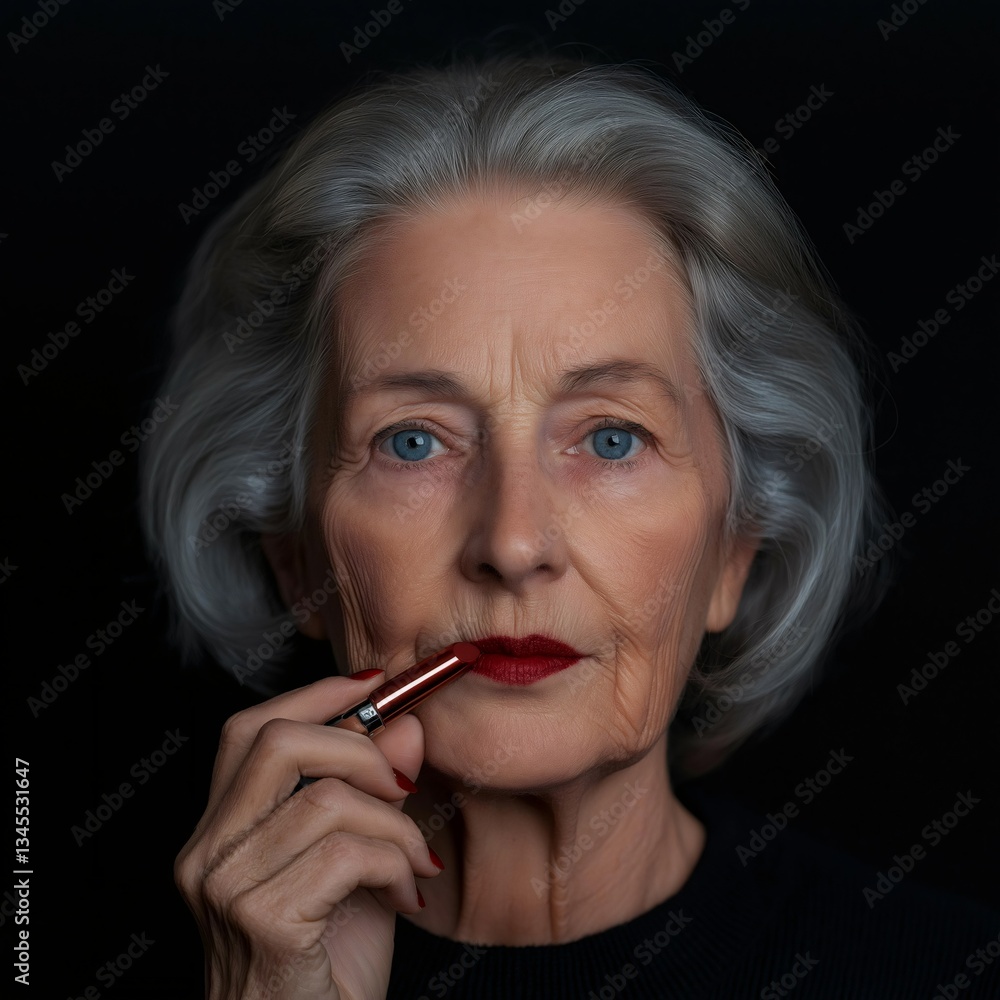 Obraz premium An elderly woman holds a lipstick near her lips, preparing to enhance her beauty. Her striking blue eyes and silver hair create a captivating focal point in this intimate setting
