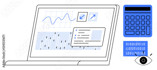 Laptop displaying graphs, charts, and notes, accompanied by a calculator, binary code, and an eye icon. Ideal for analytics, computation finance technology insights monitoring trends. Flat