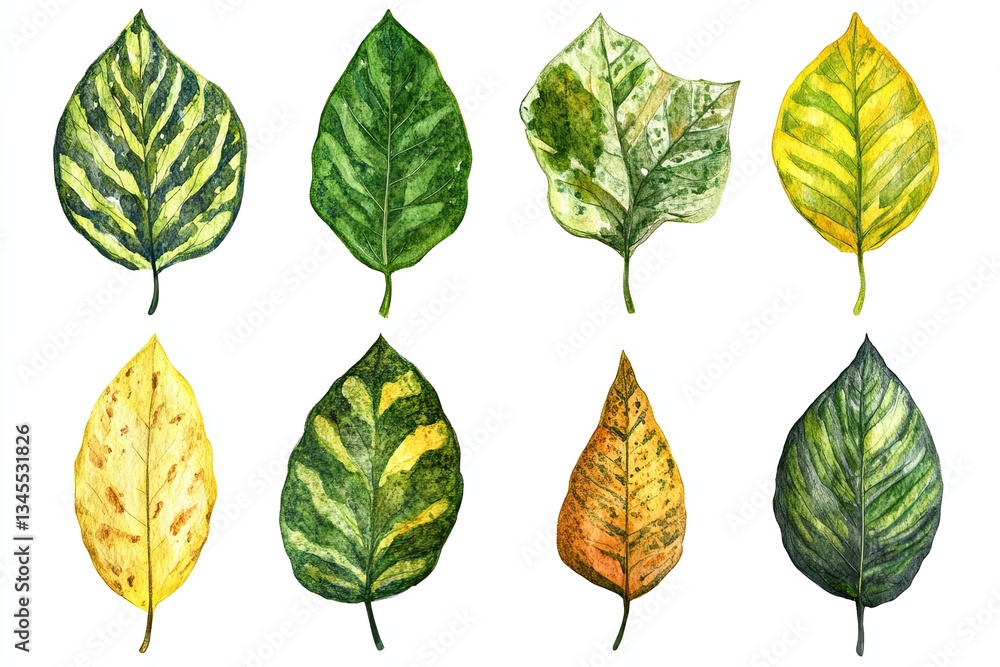 Fototapeta premium Set of watercolor Tropical Rainforest Leaves hand drawn on a white background