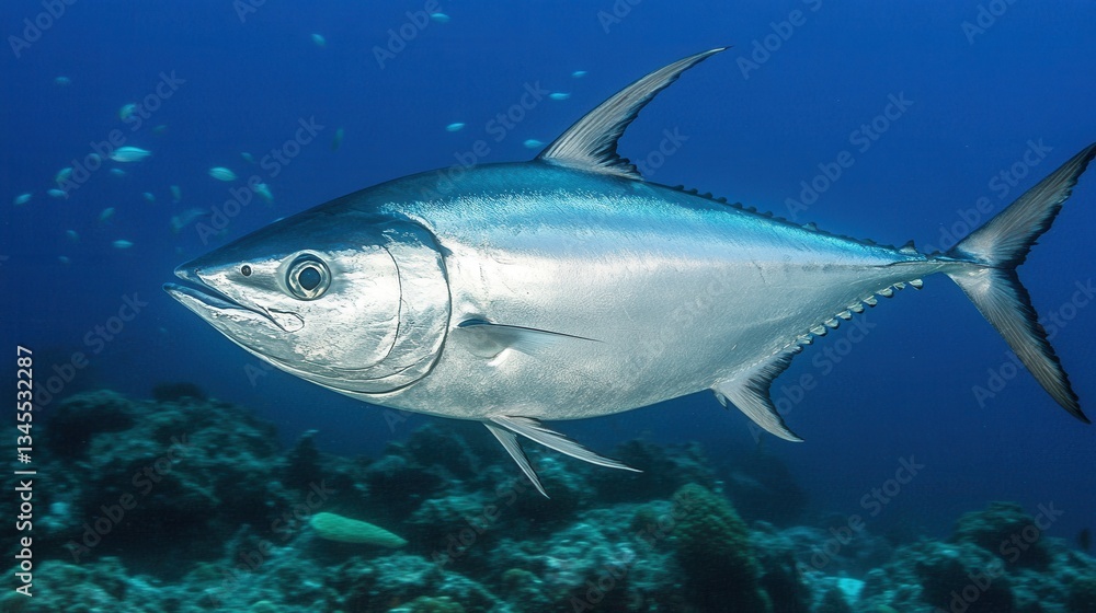 Fototapeta premium Close-Up of a Majestic Silver Fish Swimming in Deep Blue Ocean