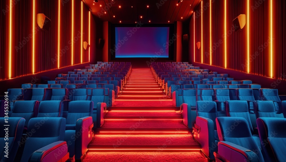 Fototapeta premium Neon Dreamscape Cinema: A Modern Movie Theater