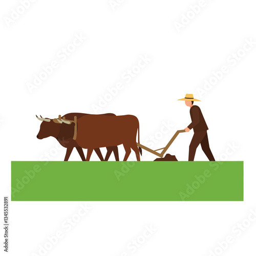 Farmer plowing field with oxen in flat and minimal vector art
