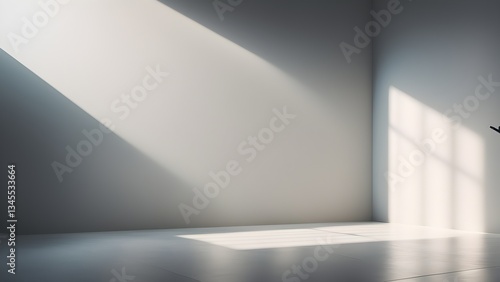 Sunlight streams into a minimalist, empty room, creating dramatic shadows floor walls.