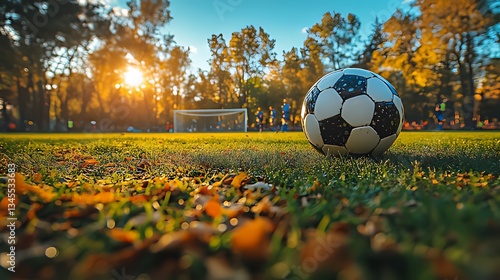 Autumn soccer game, park, sunset, kids playing