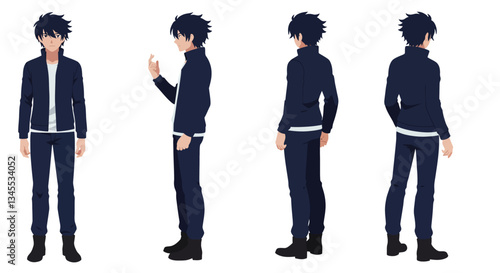 Character design showcase in flat style featuring multiple angles of a young man in vector art