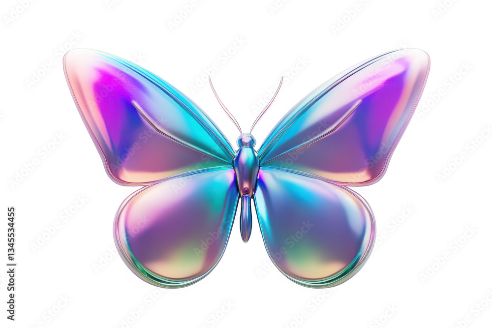 Fototapeta premium Iridescent butterfly with chrome outline and black background in a studio shot style render