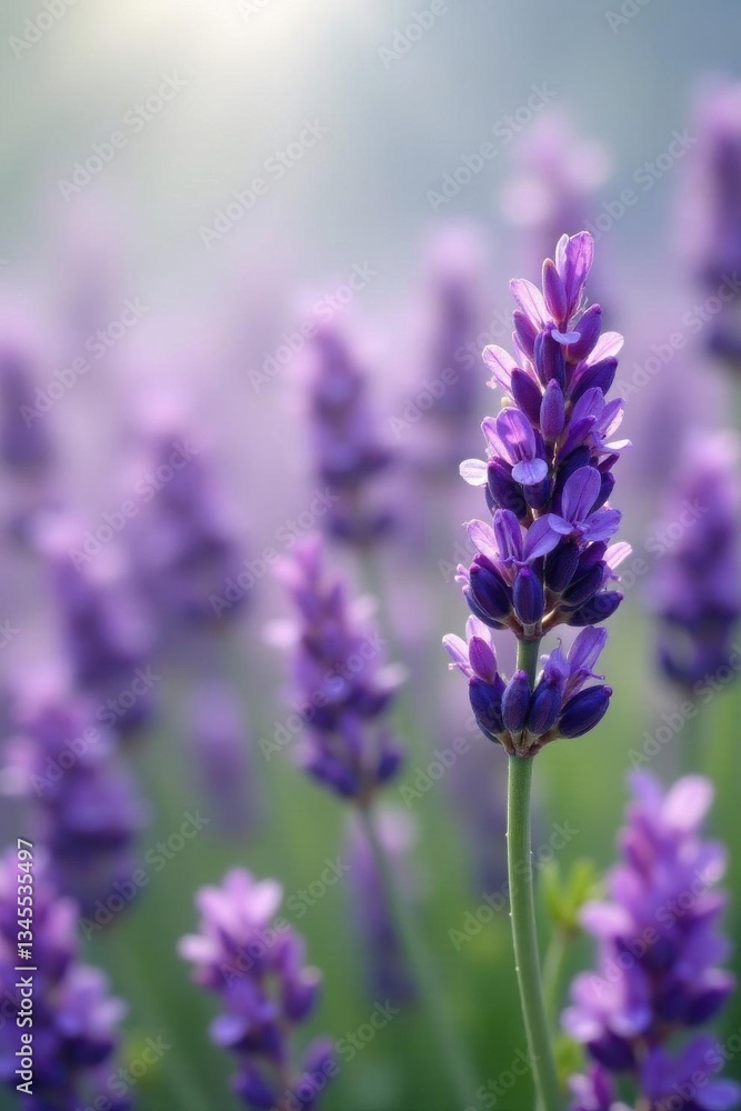 Obraz premium A Delicate Lavender Bloom in a Field of Purple Flowers, Illuminated by Soft Sunlight, Creating a Serene and Tranquil Atmosphere