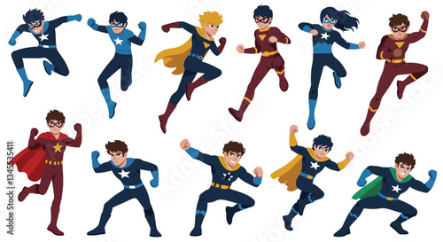 Dynamic superhero characters in action, flat design style, colorful poses, vector illustration