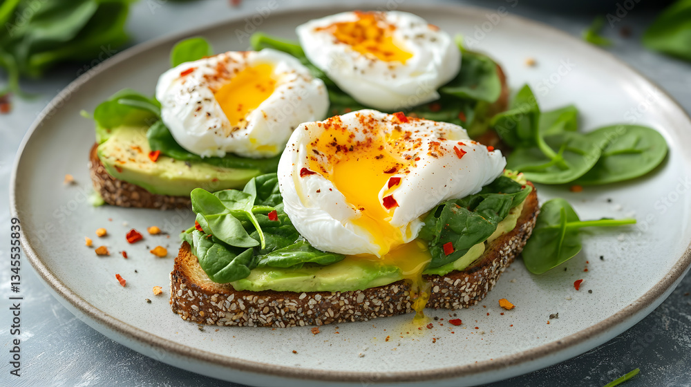 A spinach and avocado toast with poached eggs and chili flakes. A spinach and avocado toast with poached eggs and chili flakes.