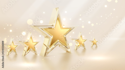 Realistic 3D transparent star with golden light effect on cream luxury background, soft and elegant vector illustration design idea suitable for award ceremony scene design element.