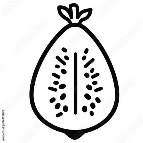 A simple line drawing of a halved fruit with seeds and a leafy top.