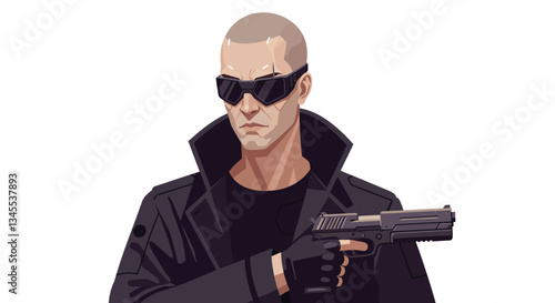 Tough character in sleek black attire holding a gun in flat vector art
