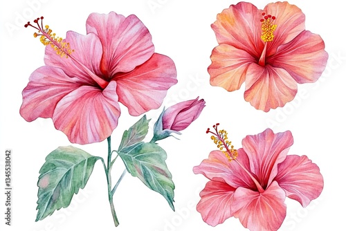 Fototapeta Naklejka Na Ścianę i Meble -  set of watercolor vibrant hibiscus flowers hand drawn on a white background