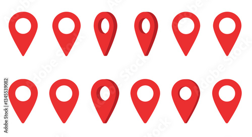 Red location pins changing shape in flat design vector art