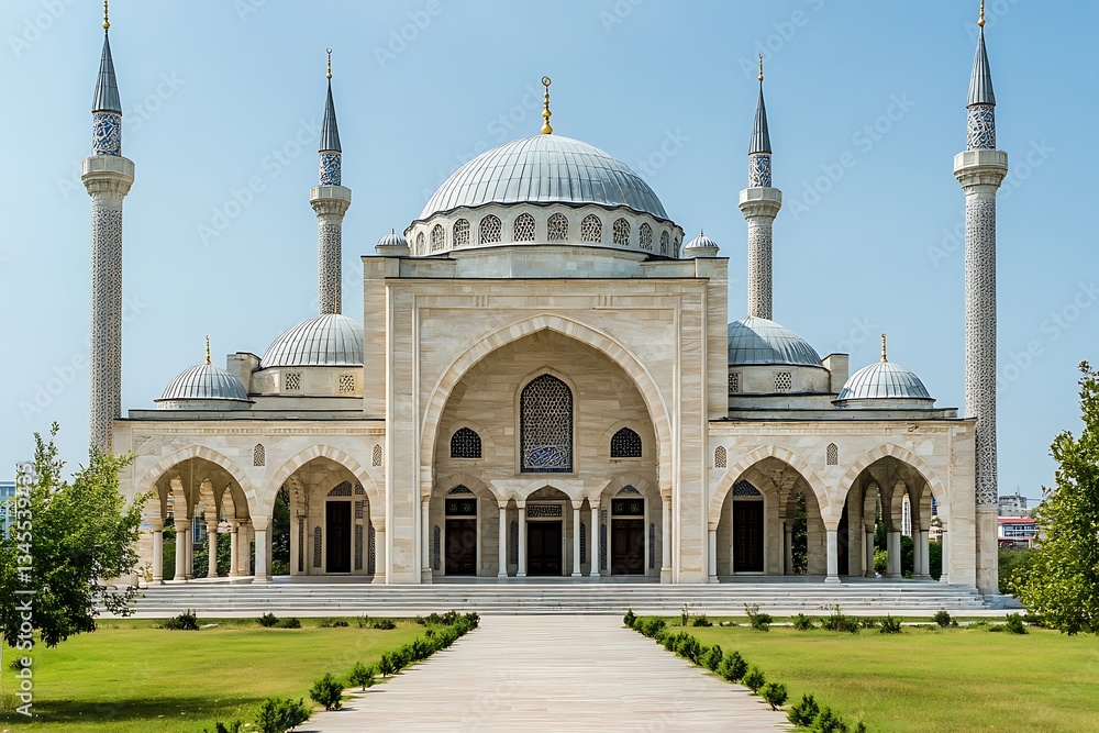 Fototapeta premium A grand mosque with minarets and domes standing prominently under a clear blue sky in daylight view