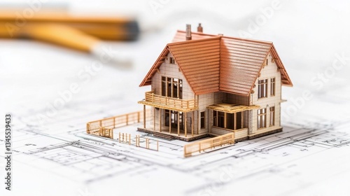 Detailed 3D Architectural Model on Blueprint with Tools Nearby photo