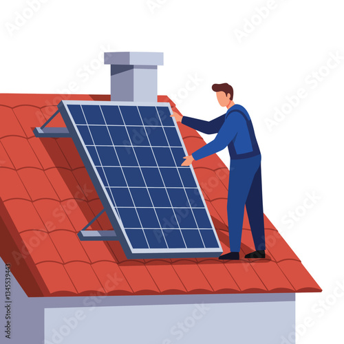 Man installing solar panels on a roof in flat vector art