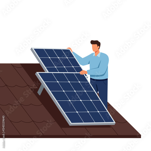 Man installing solar panels on a roof in a minimal modern design vector illustration