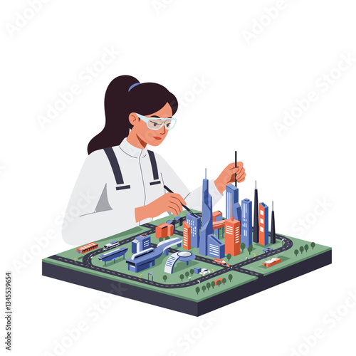 Engineer working on city model in flat and colorful vector art