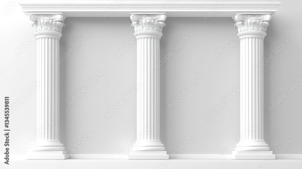 Three antique columns on white wall, architectural design, interior Three antique columns on white wall, architectural design, interior