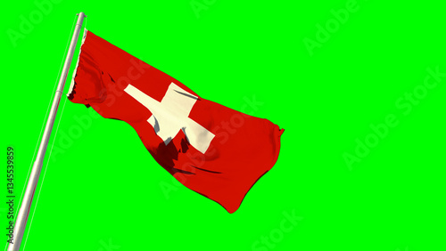 Waving glorious flag of Switzerland on chroma key screen, isolated - object 3D illustration