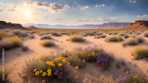 Desert landscape vibrant yellow purple wildflowers blooming sand dunes under a setting sun.