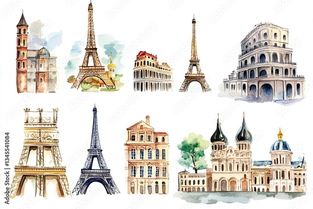 Fototapeta premium Set of watercolor vintage European cityscapes hand drawn on white background
