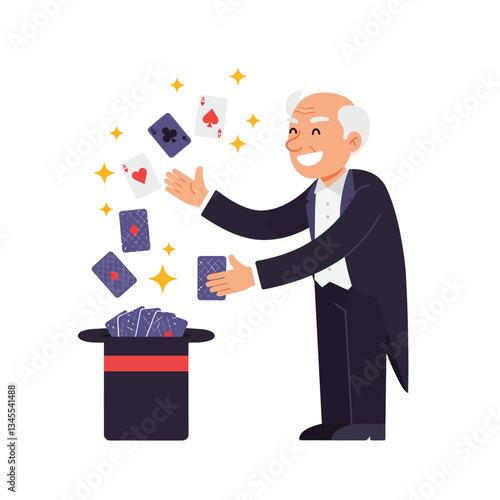 Magician performing card tricks with colorful cards in flat vector art style vector illustration