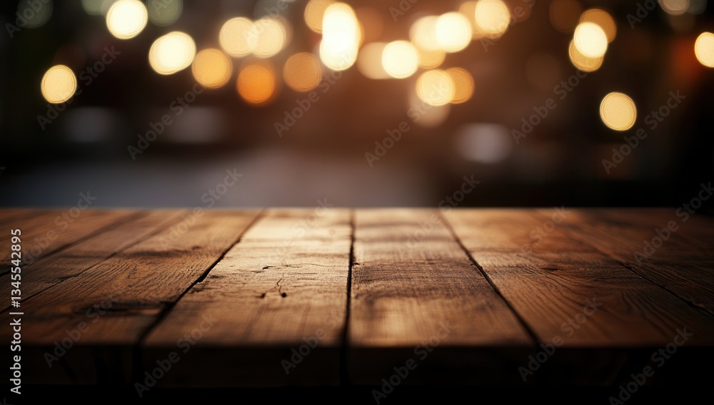 Empty rustic wooden table with warm bokeh lights. Empty rustic wooden table with warm bokeh lights.