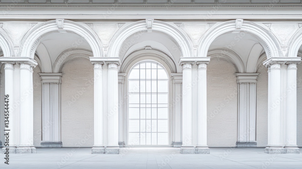 Obraz premium Classic white colonnade, arched interior, grand architecture, for use in architectural design, art, or museum concepts