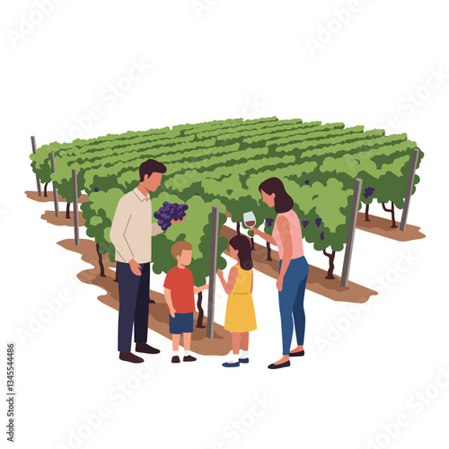 Family Exploring Vineyard with Grapes in Flat Vector Art Style