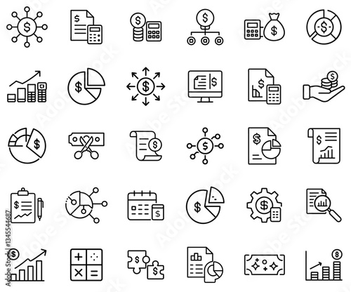 Financial Management and Accounting Icon Set – Investment, Budgeting, Money Flow, Market Analysis, Business Growth, Wealth Distribution, Taxation, and Economic Strategy Line Art Symbols