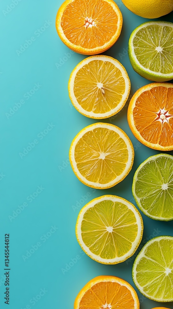 Obraz premium Colorful citrus slices arranged on blue background.