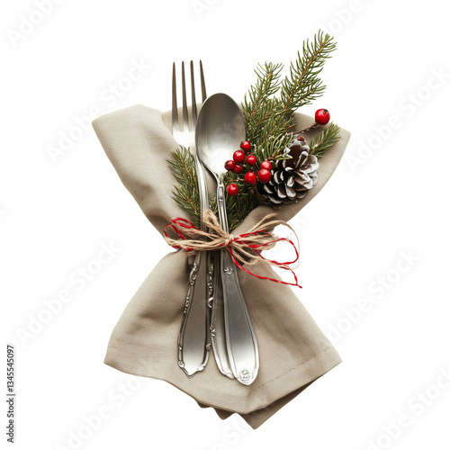 A beautifully arranged Christmas table place setting featuring a red and gold theme on transparent png background. Ai generated
