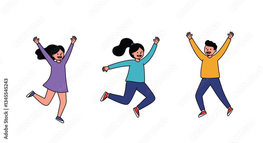 Three joyful children jumping in colorful clothing with flat design style vector illustration Three joyful children jumping in colorful clothing with flat design style vector illustration