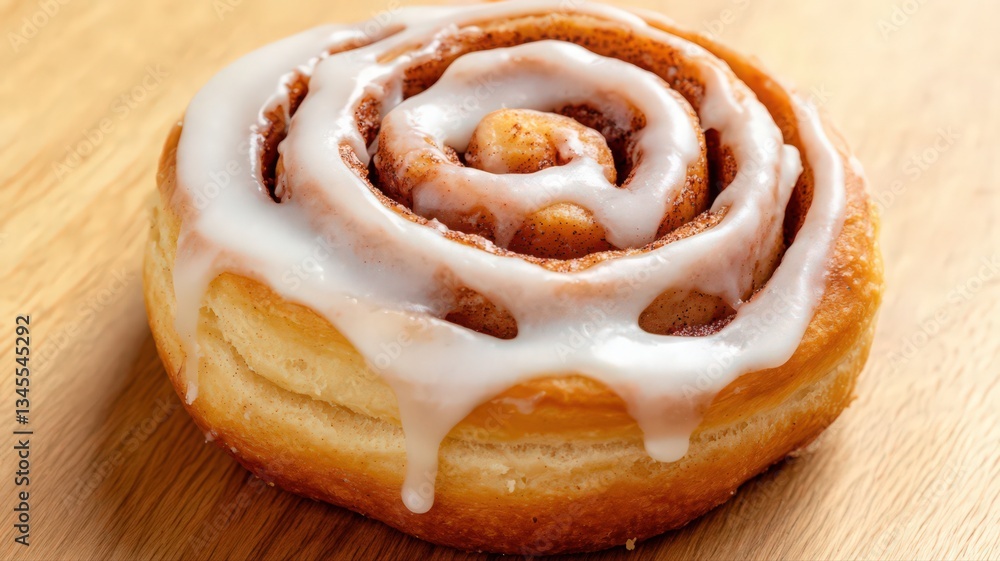 Fototapeta premium Sweet Cinnamon Roll with Creamy Glaze on Wooden Table