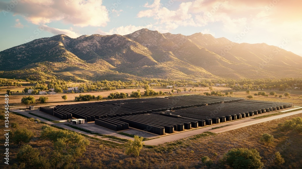Naklejka premium Solar Energy Installation Surrounded by Scenic Mountains at Sunset