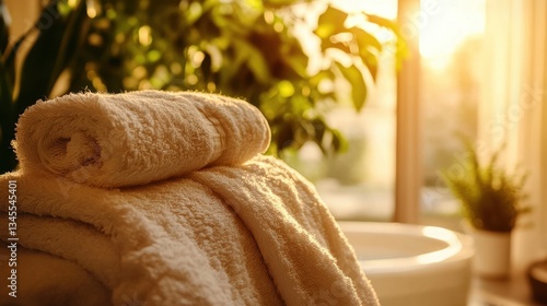 Soft White Towels on Table with Warm Morning Light in Bathroom Setting