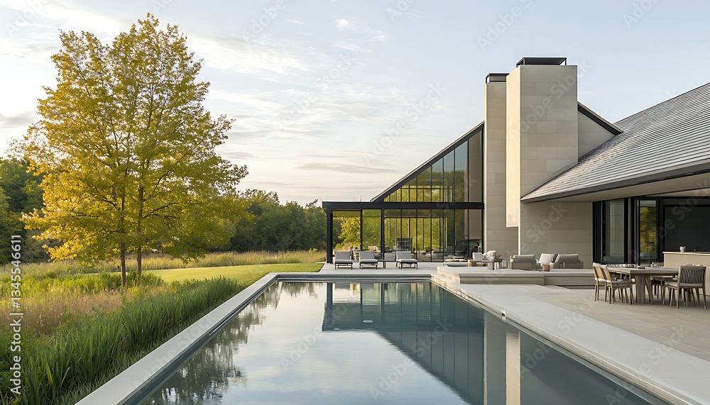 Modern Ranch House Poolside Sunset. Modern Ranch House Poolside Sunset.