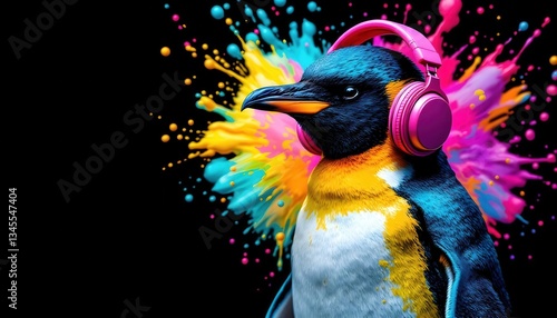 Cool Penguin with Headphones in Vibrant Paint Splash