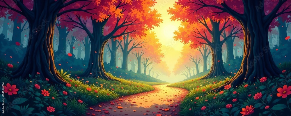 Fototapeta premium Sunlit forest path with vibrant foliage, anime-inspired landscape illustration, sunlight, landscape, foliage