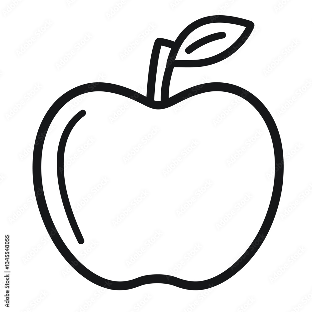 A simple line drawing of an apple with a stem and leaf. A simple line drawing of an apple with a stem and leaf.